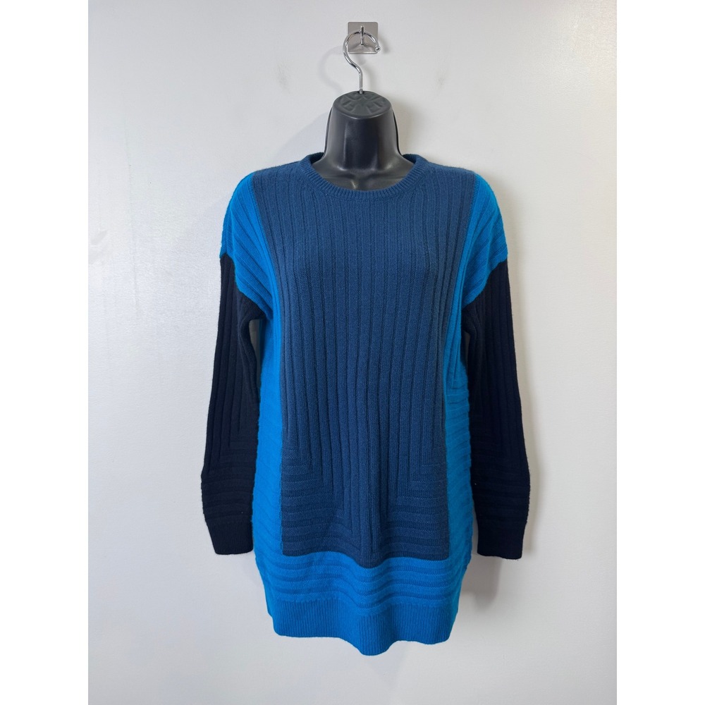 Vince Women Blue Colorblock Wool Cashmere Ribbed Knit Longline Sweater XS